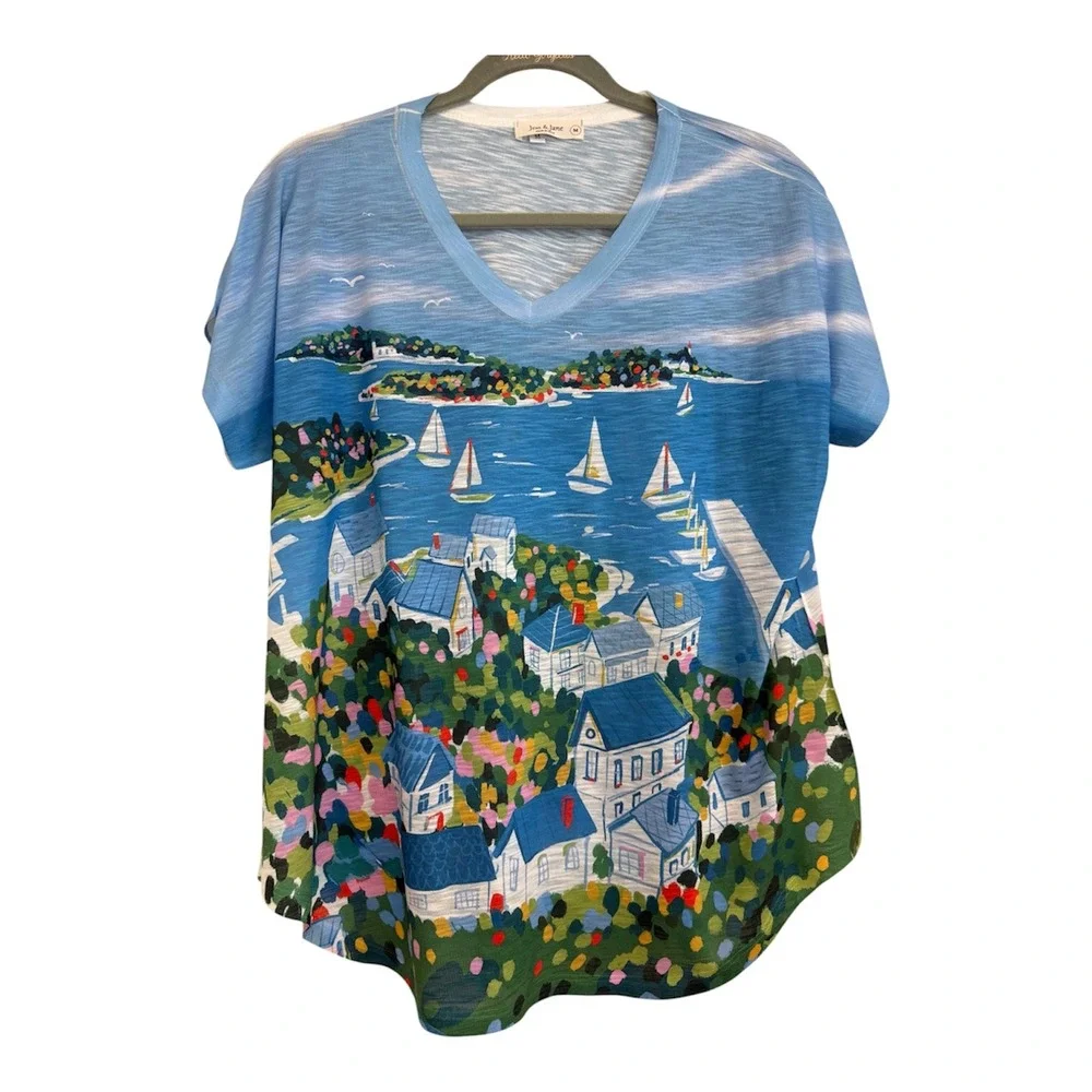 Jess & Jane Nautical Sailboat Coastal Art Print V-Neck Slub Knit Top Blue Medium
